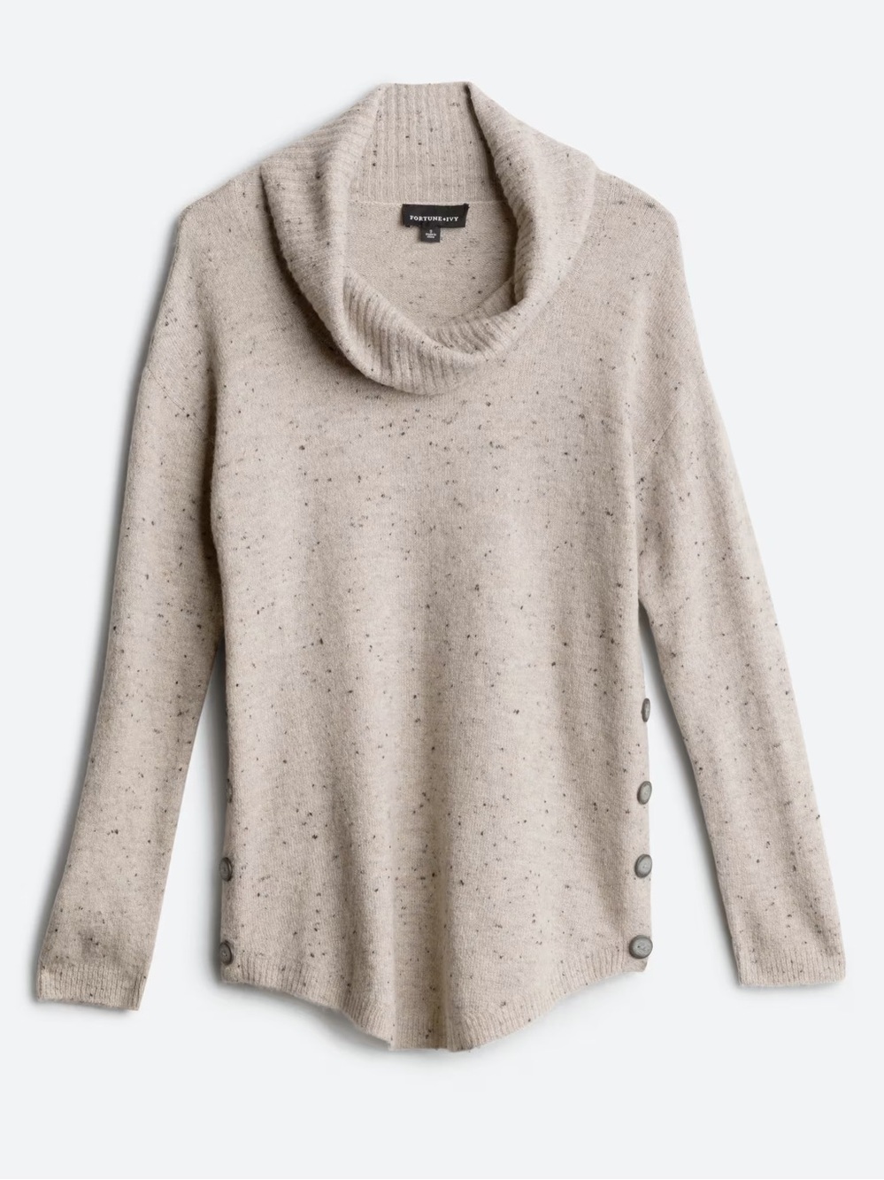 Fortune + Ivy Reagan Cowl Neck Side Button Detail Sweater Oatmeal Heather Size M